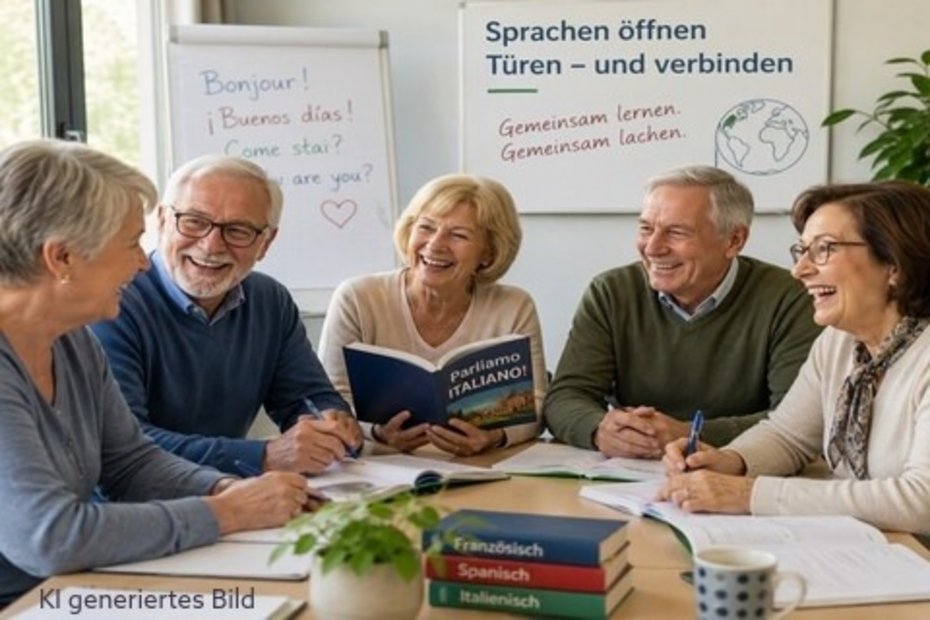 Eine Gruppe älterer Erwachsener lernt gemeinsam in einem Klassenraum und tauscht sich angeregt aus
