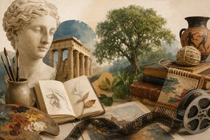 Collage mit Kunst, Architektur und Natur als Symbole für Kultur und Geschichte