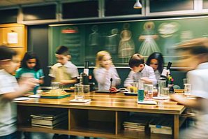 Kinder führen Experimente an einem Tisch mit Reagenzgläsern und Laborgeräten durch, während im Hintergrund eine Tafel mit Zeichnungen zu sehen ist.