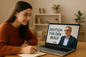 Junge Frau sitzt am Schreibtisch und verfolgt auf ihrem Laptop einen Online-Unterricht mit dem Titel ‚Deutsch für den Beruf‘