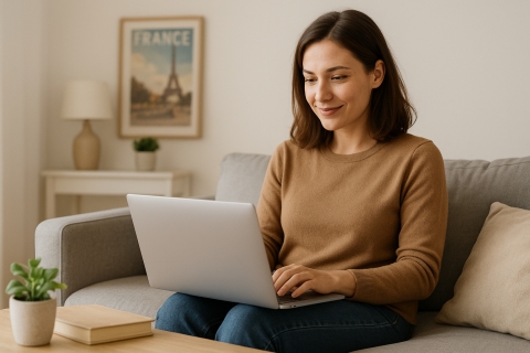 Eine Frau sitzt gemütlich mit ihrem Laptop auf der Couch.