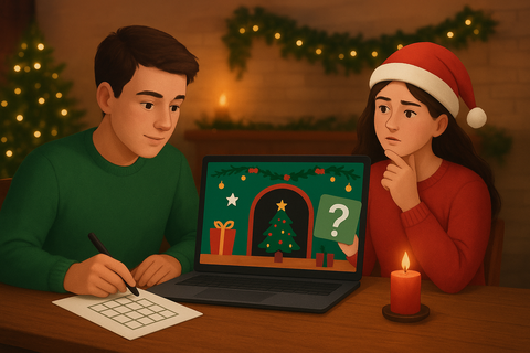 Zwei Personen spielen ein weihnachtliches Escape Room-Spiel an einem Laptop in festlicher Umgebung.