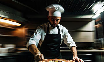 Ein Mann mit Kochmütze macht Pizza